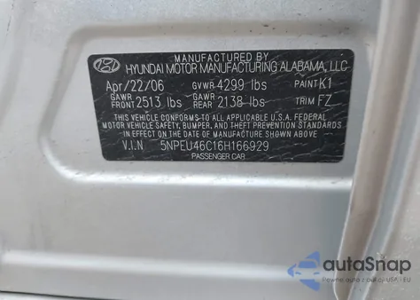 2006 Hyundai Sonata Gls z USA, uszkodzony, nr VIN 5NPEU46C16H166929